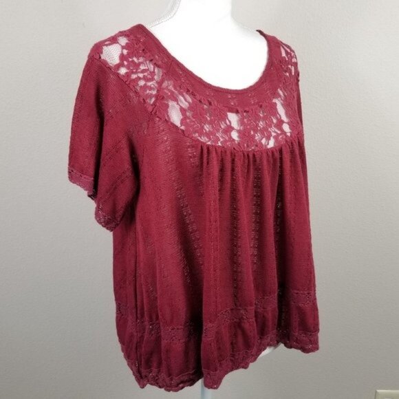 Free People Burgundy Lace Yoke Short Sleeve Crochet Knit Top Womens Size S - Picture 3 of 7